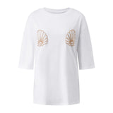 Women Oversized Short Sleeve T-shirt Sparkle Shell Embroidery Loose Shirts Summer Daily Casual Baggy Tops