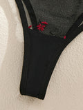 BlackRed Embroidered Floral Lingerie Set - Sexy Bra And G-string Combo with Heart Decoration Underwear Set for Women ZA824028