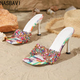Designer Summer Open Toe Colored Rhinestones Slippers Women PVC Transparent Sexy Thin Heels Stripper Ladies Slides Shoes