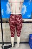 Women Burgundy Floral Lace Capri Leggings Sheer See Through Knee Length Pants High Waist Slim Fit Casual Summer Streetwear