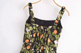 French Style Vintage Lemon Leaf Printed Green Dress Sexy Slip Midi Sleeveless Tank Dress Chiffon Women Holiday Elegant Dress