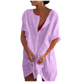 Cotton Linen Breathable And Comfortable Mid Length Oversized Button Down Half Sleeve O-neck Cardigan Casual Beach Suncreen Top