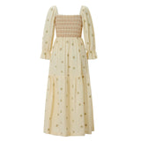 Women Spring Fall Long Dress Long Sleeve Dress Square Neck Embroidery Flower Loose Swing Dress Wit Pocket