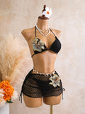 Sexy Black 3D Flower Holiday Bikini Set 2026 Women Drawstring Side Knitted Cover Up 3 Piece Swimsuit Beach Bathing Suit Swimwear