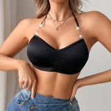 1pcs Red Halter Bralette for Women with Metal Rings Backless Crop Top Ruched Satin Bra for Party Nightclub Clubwear Underwear