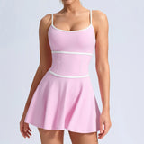 Summer Color Blocking Tennis Dresses Women Thin Shoulder Strap Slim Workout Golf Skirts Outwear Gym Running Pleate Dress