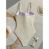 Wrinkled Underwired Colorful Beads Women Swimwear One Piece Swimsuit Female High Leg Cut Monokini Bather Bathing Suit Swim V8301