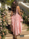 FDYOUI 2026 Summer Floral Print Spaghetti Strap Dress for Woman Elegant Sleeveless High Waist Long Party Evening Dresses Pink