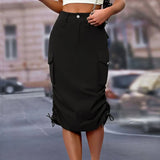 Womens Cargo Midi Skirt High Waist Multi Pocket Pencil Skirt Side Drawstring Ruched Split Hem Bodycon Summer Skirts Streetwear