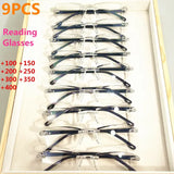 9-Pack Vintage Style Rimless Reading Glasses - Rectangular Frame, Blue Light Blocking, Anti-Fatigue, Unisex, Lightweight PC
