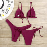 Sexy 3 Piece Bikini Set Women Solid Blue Purple Push Up Bandage Triangle Swimsuit Brazilian Beach Bathing Suit Swumwear Biquini
