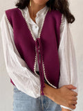 Women's Knit Waistcoat Contrast Color Trim Lacing Closure V-Neck Sleeveless Knit Sweater Vest Cardigan Outerwear
