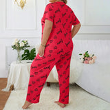 Plus Size 3XL 4XL 5XL Sleepwear Heart Letters Print 2 PCS Pajama Set Women's Casual Short-Sleeve Top and Pants Loungewear