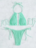 2025 Halter Tie Side Hollow Out Smocked Bikini Women Swimsuit Female Swimwear Two Pieces Bikini Set Swim Bathing Suit Beach Wear