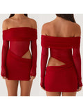 Women Mini Off Shoulder Slim Ruched Solid Color Party Club Dresses Cut Out Long Sleeve Backless Short Mesh Bodycon Dress