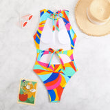 2026 Color Block Swimsuit One Piece Backless Printed Swimwear Women Bathers Bathing Swimming Swim Suit Padded Beachwear Summer
