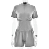 FDYOUI New 2026 Summer Zip-up Corset Playsuits Women Casual Short Sleeve Sports Fitness Overalls One Piece Tunics Yoga Bodysuit