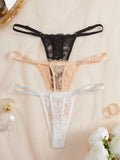 3Pcs/Set Women Sexy Floral Lace Thong Panties Low Waist Hollow Lace Sexy Lingerie Adjustable Thin Strap Underwear