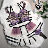 Erotic Sexy Lingerie Women Floral Transparent Lace Bra and Panty Set Underwear with Garter Intimate Outfits Bodysuits