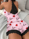 Women's Casual Pajamas Set Summer Sleepwear 2 Pieces Sleeveless V-Neck Heart Print Cami Tops and Shorts Set Loungewear