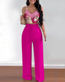 Women's Two Piece Sets Fashion Print Halter V-Neck Short Tank Suit Tops Long Pants Matching Set Summer Casual Female Slim Pants