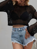 Mesh Crochet Beach Shirt Women Solid Cover Up Ladies Long Sleeve Tops 2026 Sexy Beachwear Bathers Swim Bathing Suit