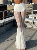 Fashion Women's Flared Pants Elastic High Waist Sheer Mesh Bell Bottoms Trousers Sexy Club Party Summer Streetwear