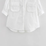 Women's Fashion Casual White Short Sleeve Shirt White Cotton Button Shirt Lapel Collar Half Sleeve Loose Fit Casual Blouse 8GDK