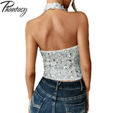 Phantasy Elegant Temperament Neck Sequin Camisole Women T-shirt Sexy Sleeveless Tank Top Female Clothes Tops 2025 Summer