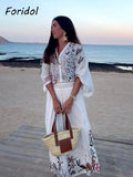 Foridol Marine Organism Embroidery Batwing Sleeve Summer Spring Maxi Skirt Set Cotton White Tassle Dress Set Outfits Button Suit