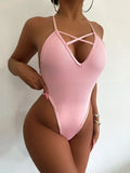 Sexy Extreme G String Thong Women Ribbed Swimwear One Piece Swimsuit Female Cross Backless Monokini High Cut Bathing Suit Swim