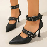 Black Punk Gothic High Heels Sexy Plus Size 34-45 Pointed Toe Fashion Buckle Rivet French Retro Women Pumps Wedding Sandals New