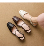 Plus Size 34-41 Women's Sheepskin Narrow Band T-strap Square Toe Summer Sandals 3.5cm Thick Low Heel Elegant Ladies Dress Shoes
