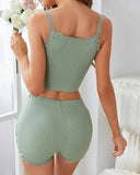 Sexy Underwear Sleepwear Sets 2 pieces Pajamas Button Cropped Lace Tops + High Elastic Waist Skinny Shorts Suits Homewear