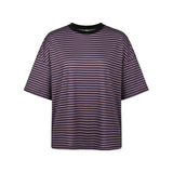 Summer Women's Loose T-shirt Casual Stylish Striped Crew Neck Short Sleeve Drop Shoulder Tee Tops