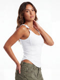 Women's Solid Color Ribbed Tank Tops Stylish Sleeveless Camisole with Metal Buckle Straps and Curved Hemline