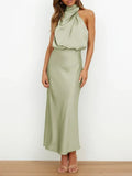 Foridol One Shoulder Turtleneck Tank Satin Women Party Dress Robe Zip Sleeveless Elegant Vintage Folds Women Clothing 2025