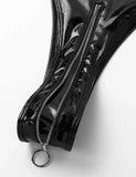 Plus Size 2XL Balck Bandage PU Leather Mesh Bodysuit Exotic Teddies Zipper Crotch Catsuit Women Sexy Lingerie Costumes