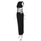 Woman's Elegant Sleeveless Lace Patchwork Evening Dress Black High Street O-neck Backless Hollow Out Slim Long Party Dresses