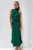 Foridol One Shoulder Turtleneck Tank Satin Women Party Dress Robe Zip Sleeveless Elegant Vintage Folds Women Clothing 2025