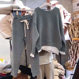 2 Pcs/Set Women Sweatshirt Pants Set Fake Two-piece Crew Neck Loose Elastic Waist Drawstring Casual Women Autumn Tracksuit