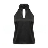 2026 Summer Women Satin Sleeveless Tops Solid Color Open Back Slim Fit Vest Party Daily Halter Cut Out Blouse Fashion