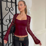 FDYOUI 2026 New Lace Patchwork Long Sleeve T-shirts for Women Square Collar See-through Slim Crop Tops White Black Tee Shirt