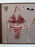 Sexy Coffee Striped Micro Bikini 2026 Women Towel Cloth Circle Push Up Bra Tie Side Thong Swimsuit Bathing Suit Holiday Swimwear