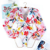 One Piece Swimsuit Sexy Long Sleeve Tropical Print Swimwear Women Bandage Monokini Hollow Out Bathing Suit String Beachwear 2023