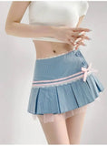 Striped Contrasting Color Bow Lace Splicing Pleated Skirt Women 2026 Summer American Style Low Waist  A-line Short Skirt UBFK
