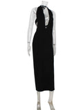 Ahagaga Fashion Halter Women's Maxi Dresses Solid Deep V-Neck Sleeveless Blackless Bandage Sheath Bodycon Party Vestidos Robes
