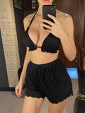 Ruffled Firlled Halter Bikini Women Swimwear Female Swimsuit Three-Pieces Bikini Set With Shorts Bather Bathing Suit Swim V5673