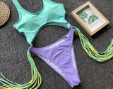 DEKA Long Tassel One Piece Swimwear Hollow Out Women Backless Swimming Suit Cut Out Halter Cross Swimsuit Female Beachwe Bathing