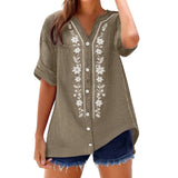 Womens V Neck Embroidered Linen Tunic Shirt Roll Up Sleeve Button Down Loose Fit Casual Boho Blouse Vintage Summer Beach Shirts